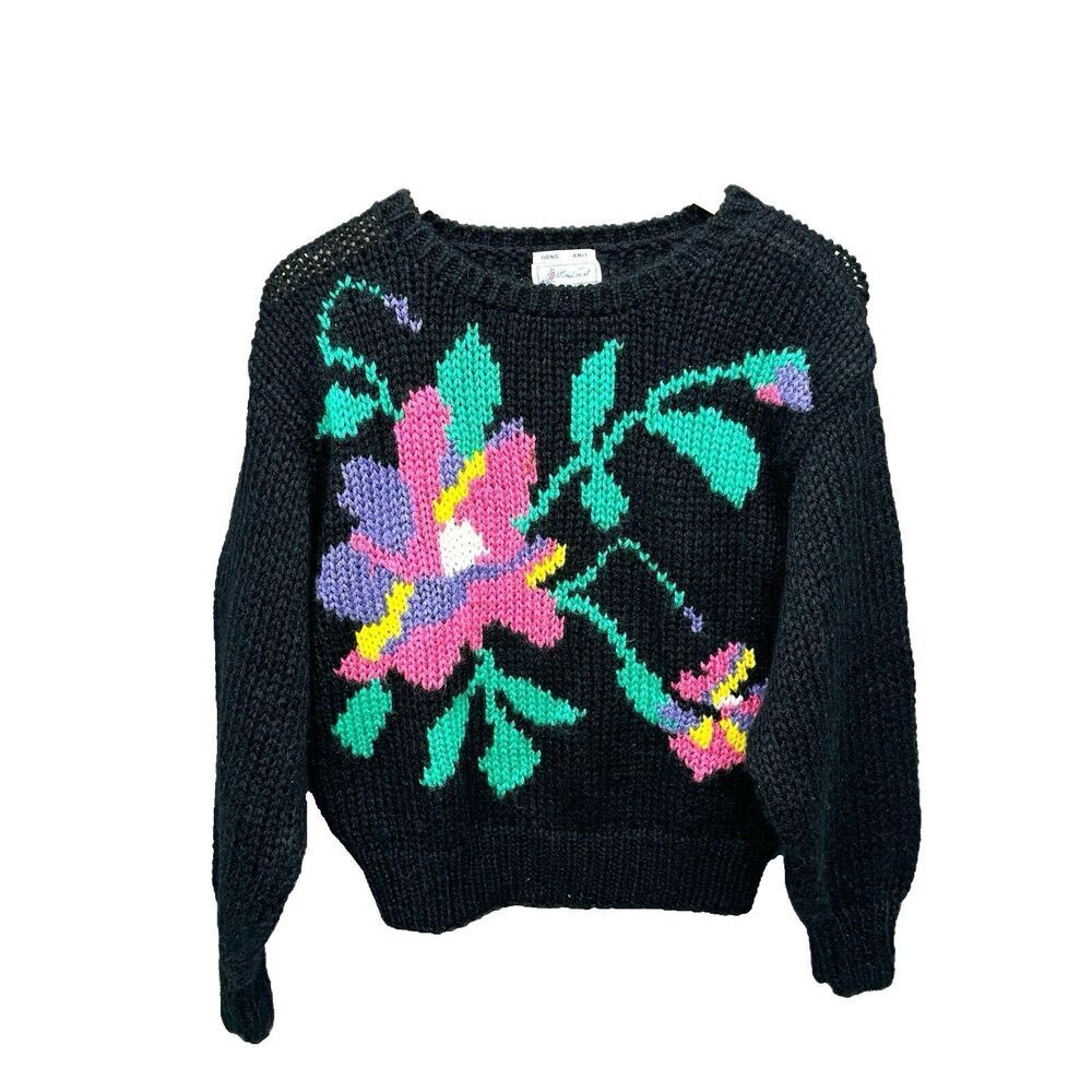 Hand Knit Sweater Floral Long Sleeved Pullover Sz M Black Crew Neck Warm & Soft
